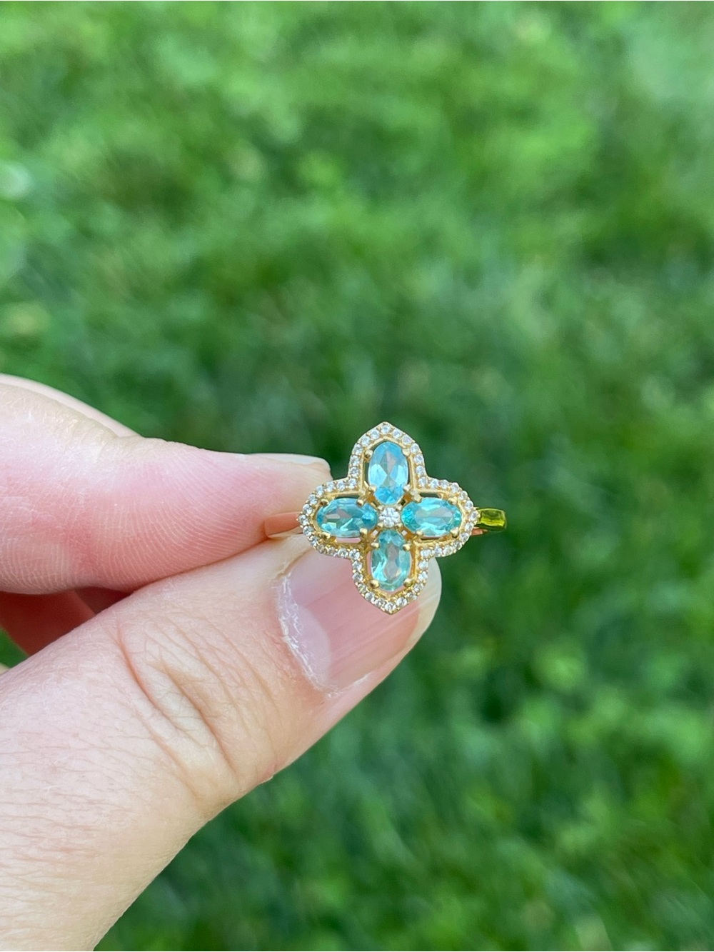 Blue Apatite and Zircon Ring
